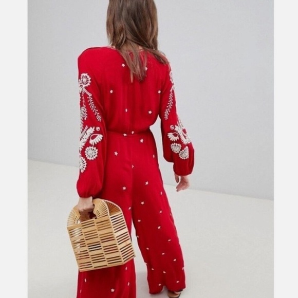 Free People Red Embroidered Romper/Jumpsuit v-neck jumpsuit - Picture 6 of 15